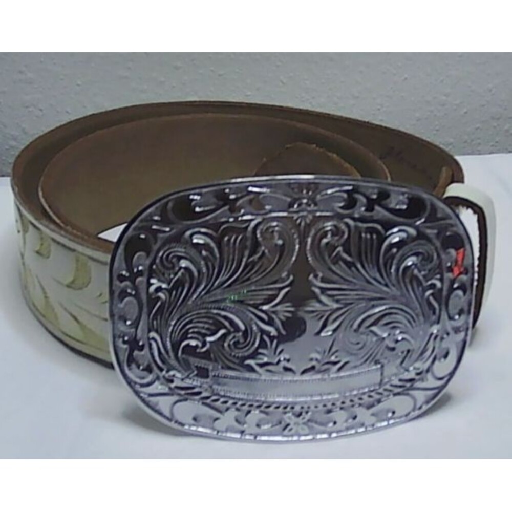 Vintage Western Flower Design Belt Buckle with White Tooled Leather Belt 28-32"